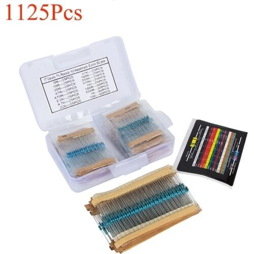 1125PCS Resistor 525Pcs 17 Values 1% 0 ohm-1M ohm + 600Pcs 1/4W Metal Film 1% Resistor Kit Assortment 30 Kinds of Resistance