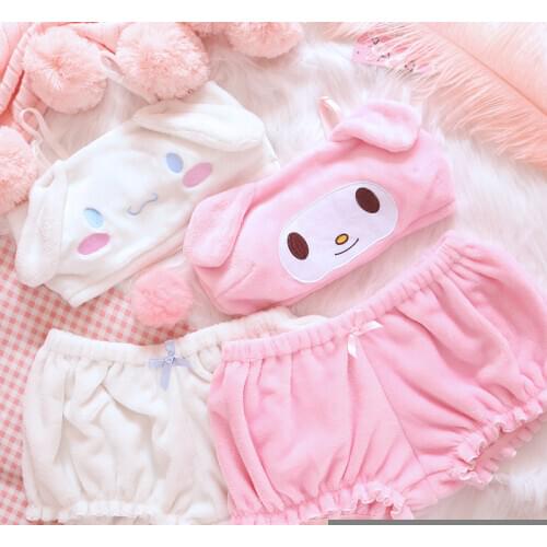 2020 Winter Womens Pajamas Anime Cosplay Costume Cute Girls Kawaii Bra and Panty Set Pink White Velvet Sexy Sleepwear Nightgown
