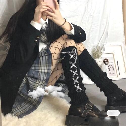 2021 Vintage Cool Girl Leg Warmer Autumn Winter Women Jk Striped Plaid Drawstring Ribbon Bow Lolita Lovely Kawaii Socks Hipster
