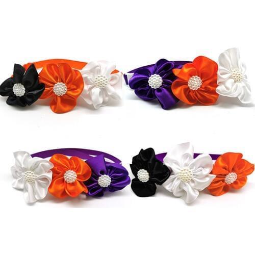50/100pcs Halloween Pet Flower Bowties with Pearl Orange Purple Flower Pet Accessories Dog Adjustable Necktie Dog Bow Ties