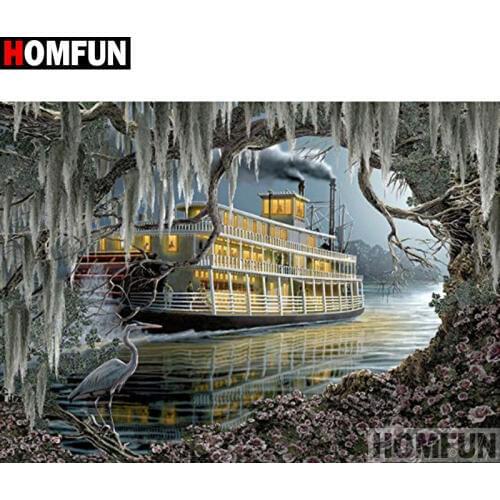 HOMFUN Full Square/Round Drill 5D DIY Diamond Painting "Boat snow scene" 3D Diamond Embroidery Cross Stitch Home Decor A18842