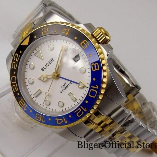 BLIGER White Automatic GMT Watch Rotating Bezel Jubilee Strap Screw Down Crown Sapphire Glass with magnifier Steel Case