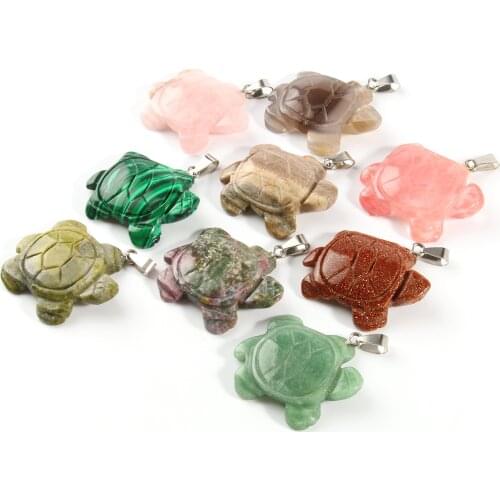 Tortoise Shape Turquoise Aventurine Natural Stone Pendants Charms For Necklaces Making Wholesale All Mixed Material Charms 1pcs