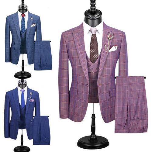 Damier Check Fashion Mens Suits 3 Pcs Designer Wedding Tuxedos Slim Fit Groom Groomsmen Suit Mens Formal Wear