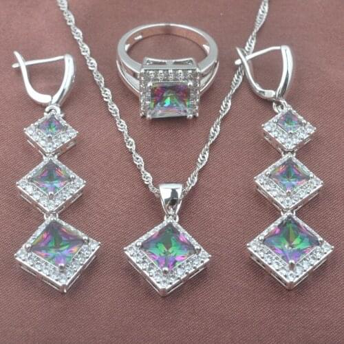 Classic Square Multicolor Rainbow Zirconia Jewelry Sets For Women Wedding Silver Color Ring Necklace And Earrings Set TZ0580