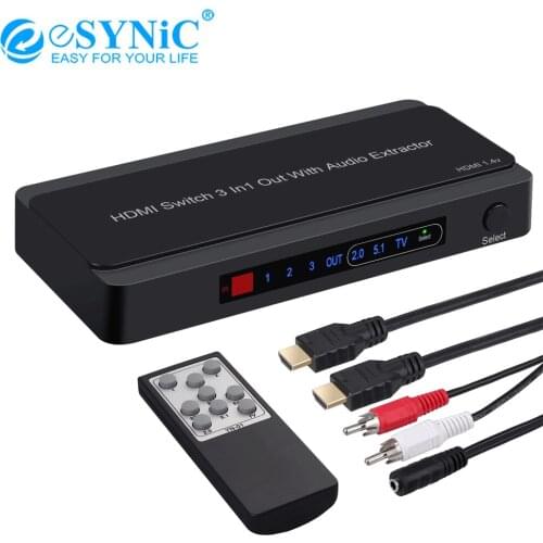 ESYNiC 1080P 3x1 HDMI-Compatible Switch With Audio Extractor Converter Analog Optical Toslink SPDIF Output Support 4K 3D