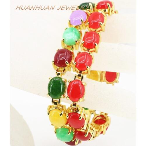 Multicolor Link Strand Bracelet For Women Natural Stone Jades 6x8mm Copper Color-Color Bangle Bracelets Jewelry 7.5inch B3397