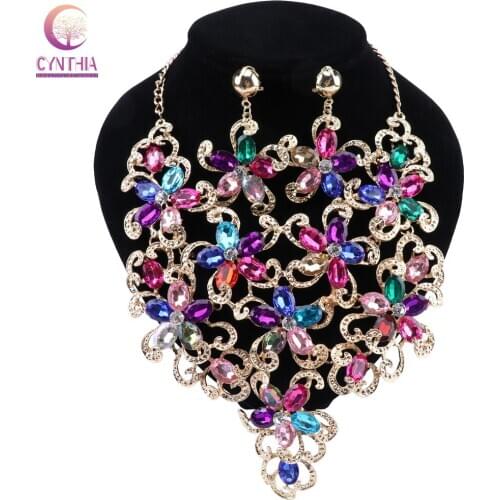 CYNTHIA Fashion Rhinestone Bridal Jewelry Sets Party Wedding Costume Earrings Necklace Set for Brides Flower Jewelry Gifts