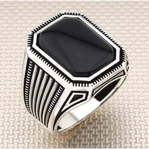 Fashion Rectangle Black Onyx Stone Men Silver Ring Heavy December Birthstone Made in Turkey Solid 925 Sterling Silver