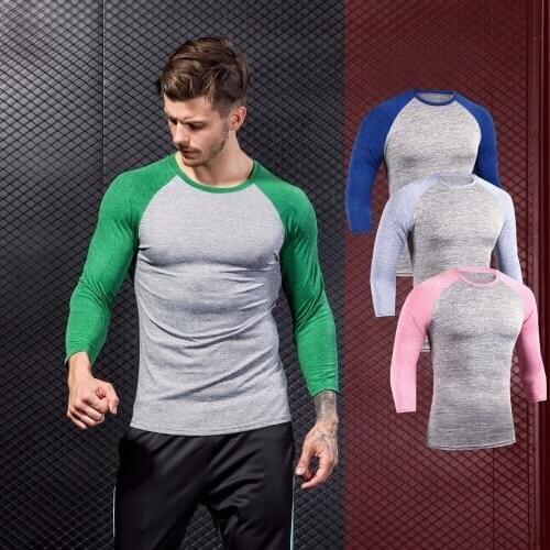 New2018 spring autumn contrast color super show thin outdoor O-Neck T-shirt joker patchwork GYM Skinny Men t-shirts