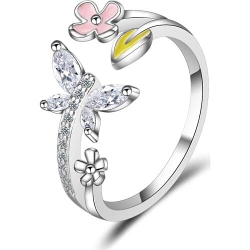 New Crative Beautiful Flash Dragonfly 925 Sterling Silver Jewelry Personality Flower Leaf Crystal Popular Opening Rings
