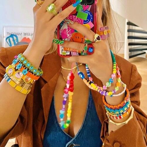 New Boho DIY Rainbow Colorful Flower Rhinestone Enamel Tile Beaded Stripe Bracelet for Women Children Couple Jewelry Gifts