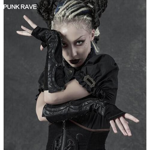 PUNK RAVE Womens Steampunk Vintage Fingerless Long Gloves Gothic Hollow-out Carved Elastic Knitting Halloween Party Gloves