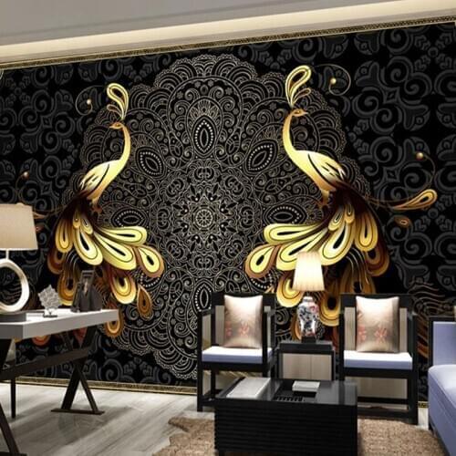 Custom Wallpaper European Style Luxury Black Gold Peacock Photo Wall Mural Living Room Bedroom Background Wall Papers Home Decor
