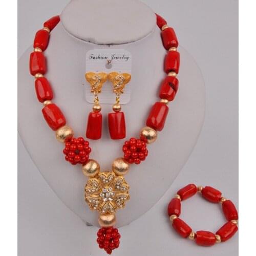 Latest Red Nigerian Coral Beads Necklace Nigerian Wedding African Jewelry Set 12-J-02