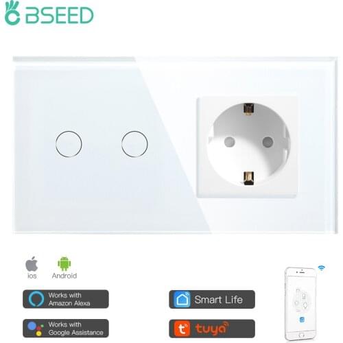 Bseed Mvava 2 Gang Wifi Touch Switch With Normal EU Socket Plug Without Wifi White Black Gold Crystal Glass Panel Smart Switch