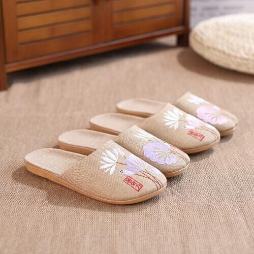 Unisex Summer Casual Slides Man/Woman Flax Slippers Chinese Embroidery Thick Bottom Sandals Indoor Breathable Couple Home Shoes
