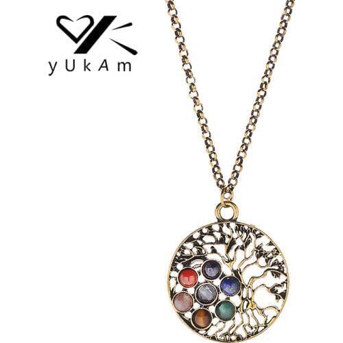 YUKAM Antique Gold Hollow 7 Chakra Stones Reiki Healing Tree of Life Pendant Necklaces Natural Stone Necklaces for Women Jewelry