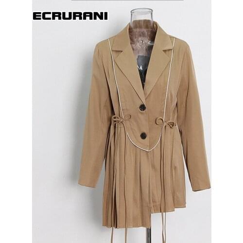 ECRURANI Patchwork Elegant Dresses For Female Lapel Long Sleeve Lace Up Pleated Casual Loose Dress Womens 2021 Fashion Clothing