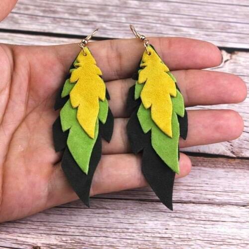 ZWPON Layered Soft Leather Leaf Earrings Colorful Feather Christmas Earrings Jewelry Wholesale