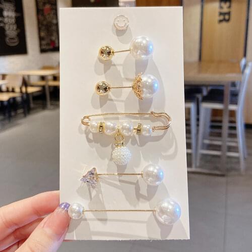 1 Set Pearl Brooches Pins for Women Dress Anti-glare Rhinestone Decoration Buckle Broche Pin Hijab Pins Accessories Gift