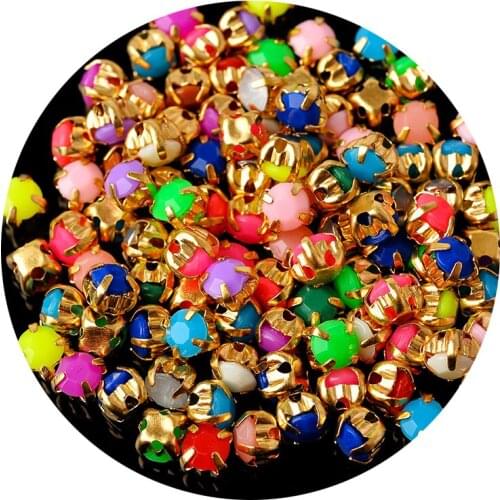 100p 4mm round Neon colors candy acrylic sew on rhinestones Montees gold base jewel beads DIY shoes bag cap clothes accessories