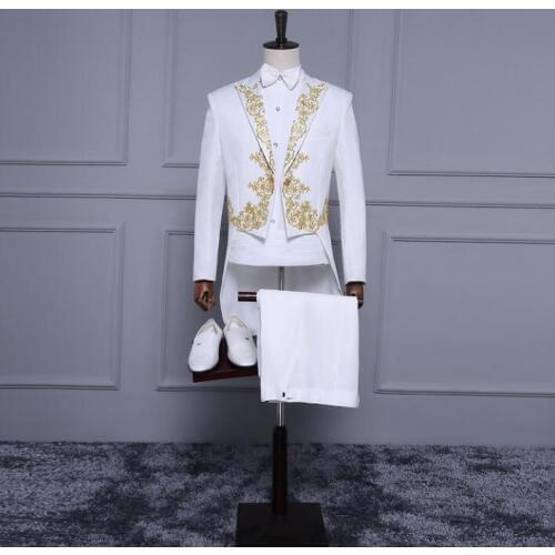White embroidered tuxedo blazer men formal dress suit men stage costume homme marriage wedding suits for mens jacket +pant+ tie