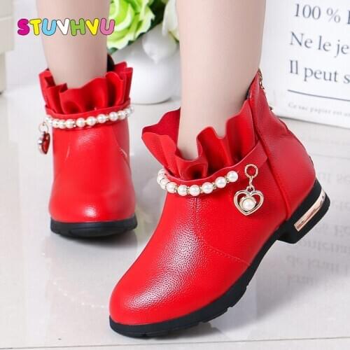 Children Shoes Boots Leather Girls Boots Zipper Pearl Princess Shoes Winter New Plus Velvet Little Girl Shoes Kids Martin Boots