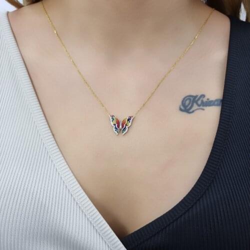 Enamel 2 Piece Butterfly 925 Sterling Silver, Gold, Rose Plated Necklace For Women Girls Handmade Jewelry Elegant Minimalist