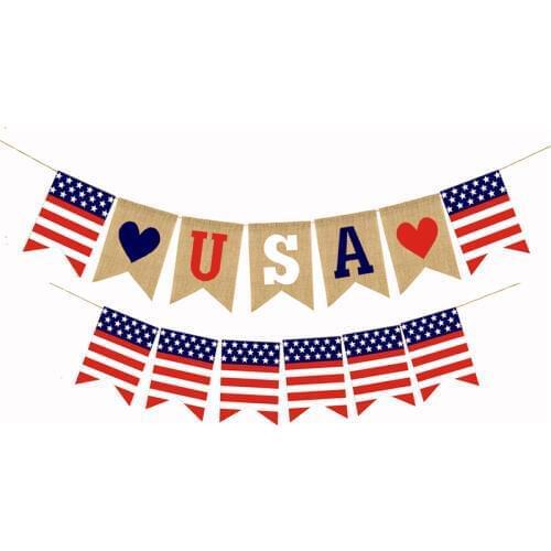 USA Independence Day Garland Burlap Flag Patriotic Bunting Banner 4th of July Decorations Linen Hanging Flags Party Decor