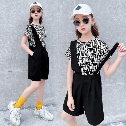 Girls Summer Clothes Set Kids Shorts Overalls New Girl Casual Costume For Children 6 8 10 12 14 Year Teen T-Shirt+Jumpsuit 2 Pcs