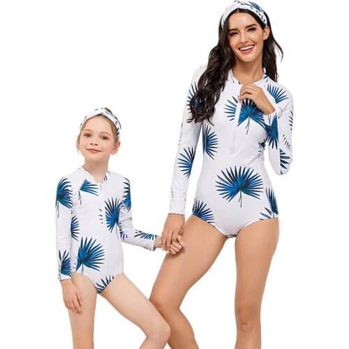 Summer Long Sleeve Family Matching Outfits Swimsuit One-Piece Mother Daughter Swimwear Mommy And Me Clothes Woman Kid Swimming