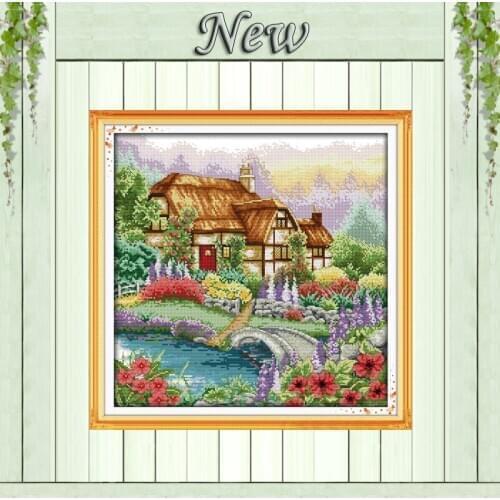 Beautiful Cabin with the fragrance of flowers,11CT printed 14CT Cross Stitch kit,needlework embroider Set,DMC Scenic Home Decor