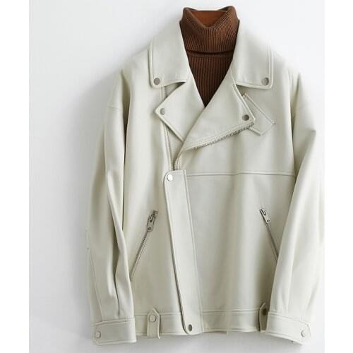 Nerazzurri white black plus size pu leather jackets for women long sleeve zipper loose spring faux leather biker jacket women