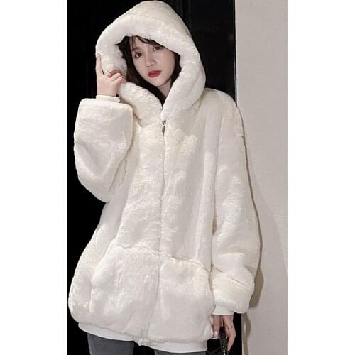 Lautaro Winter Fluffy Warm Soft White Oversized Faux Fur Jacket Women Long Sleeve Black Zip Up Faux Fur Sweatshirt Korean Hoodie