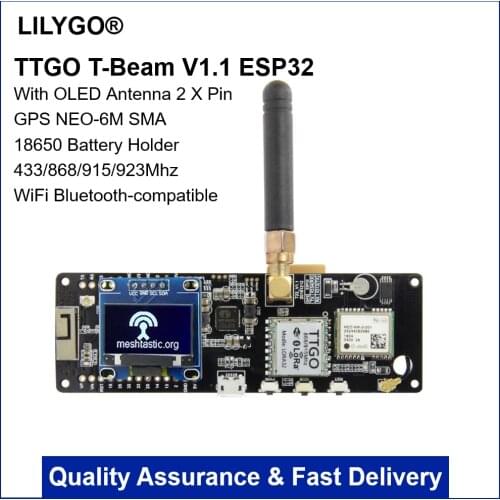 LILYGO® TTGO Meshtastic T-Beam V1.1 ESP32 433/868/915/923Mhz WiFi BT ESP32 GPS NEO-6M SMA 18650 Battery Holder With OLED