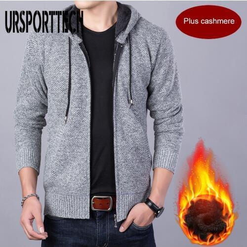 Mens Cardigan Sweater Coat Fleece Zipper Hooded Jacket Men Autumn Plus Velvet Thicken Warm Casual Knitted Cardigan Coat Size 3XL