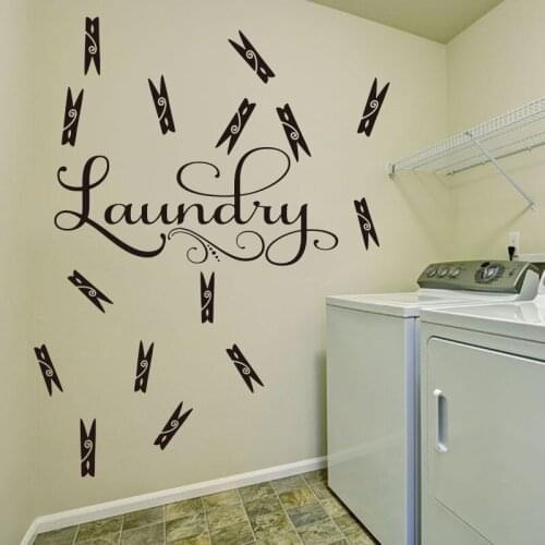 15Pcs Clothes Pin Laundry Wall Sticker Washroom Laundry Room Sign Wall Decal Vinyl Home Decor