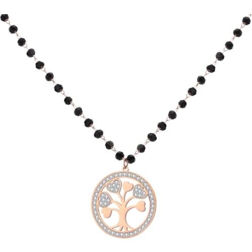 Stainless Steel Tree Of Life Pendant Necklace For Women Black Crystal Beads Choker Necklace Gift For Mom Fashion Jewelry Collier