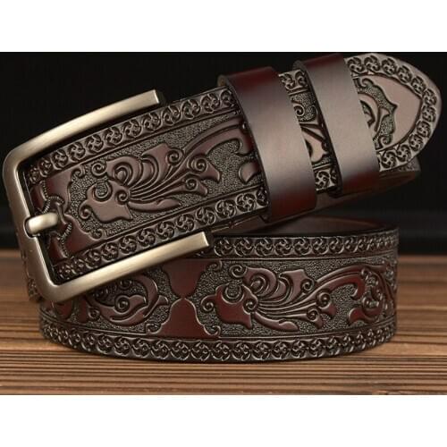 Fashion Men Vintage Belt Pin Buckle Luxury High Quality Cow Genuine Leather Embossing Belt For Men Casual Jeans Waistband Strap