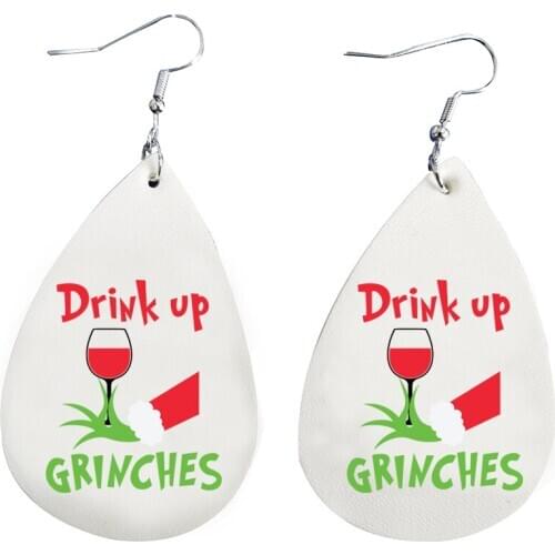 Drink up Grinch Faux Leather Earrings Faux Leather Earrings Glitter Thanksgiving Day Teardrop Leaf Earrings Fall Earrings Stock
