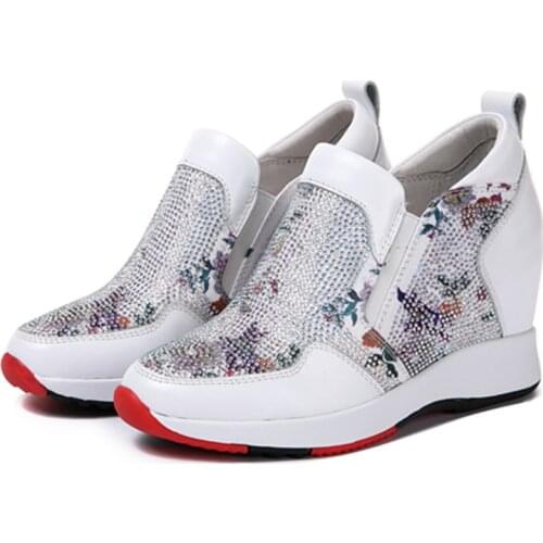 Chic Women Black White Real Cow Leather Sneaker Rhinestones Wedge Hidden Heel Casual Sport Shoes Korean Styles Match Colors