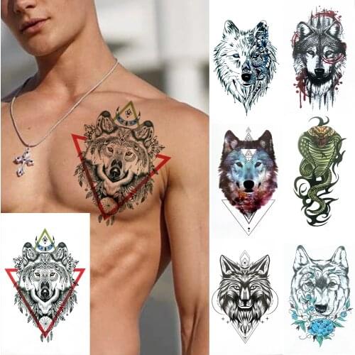 Wolf Henna Fake Temporary Tattoos For Men Women Triangle Spray Coyote Tattoo Green Snake Waterproof Tatoo Body Art Abdomen Gifts