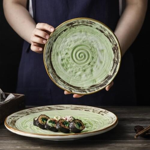 Japanese 8-inch Ceramic Dinner Plate Green Wood Grain Round Plate Hand-painted Retro Household Dinner Set Plates and Dishes