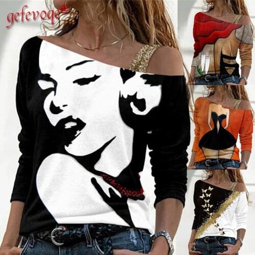 Autumn Women Clothing Long Sleeve Sexy Inclined Shoulder T Shirt Aesthetic Graphic Printed Tops Fashion Plus Size Tshirts Femme
