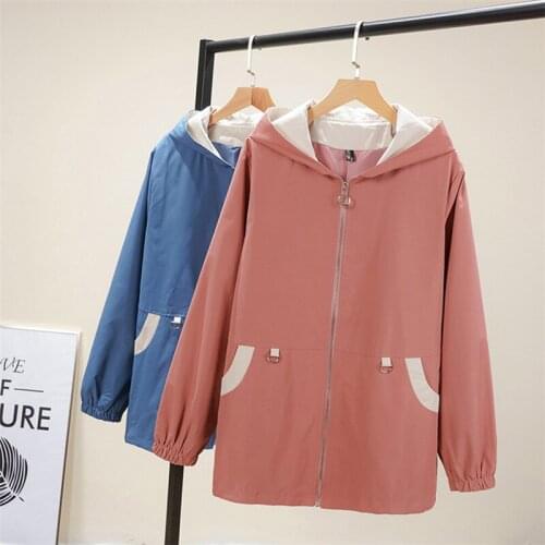 Plus Size Womens Novel Autumn New Fat MM Korean Casual Pockets And Zipper Hooded Windbreaker Jacket