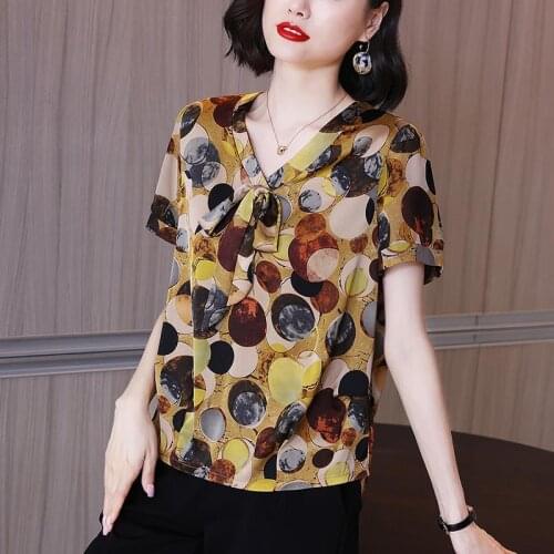 Fashion Women Summer Chiffon Fashion V-Neck Blouses Shirts Print bow-knot Fashionable Short Sleeve Tops BlusasMM0190