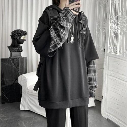 Vintage Hoodie Women Streetwear Oversized Sweatshirt Punk Long Sleeve Pullovers Korean 2021 Grunge Plaid Splice Hoody