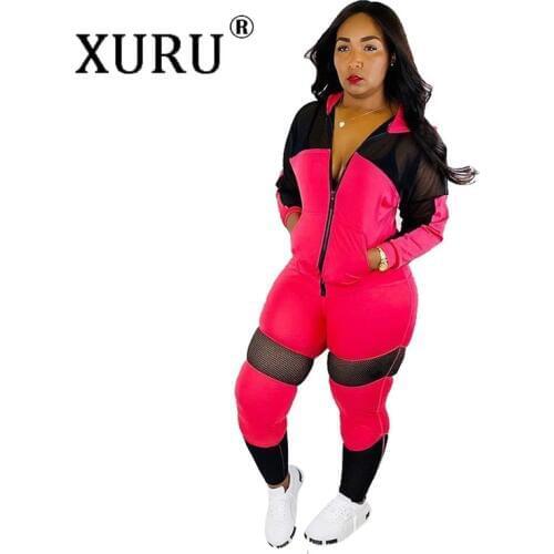 XURU Casual Hooded Jumpsuit Set Autumn New Best Selling Womens Mesh Stitching Jumpsuit Two-piece