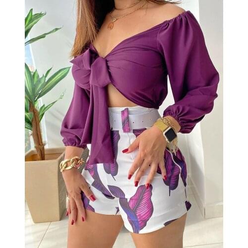 2021 Women New Tie Front Off Shoulder Plunge Crop Top & Leaves Print Shorts Set Latern Sleeve Chic Summer Casual